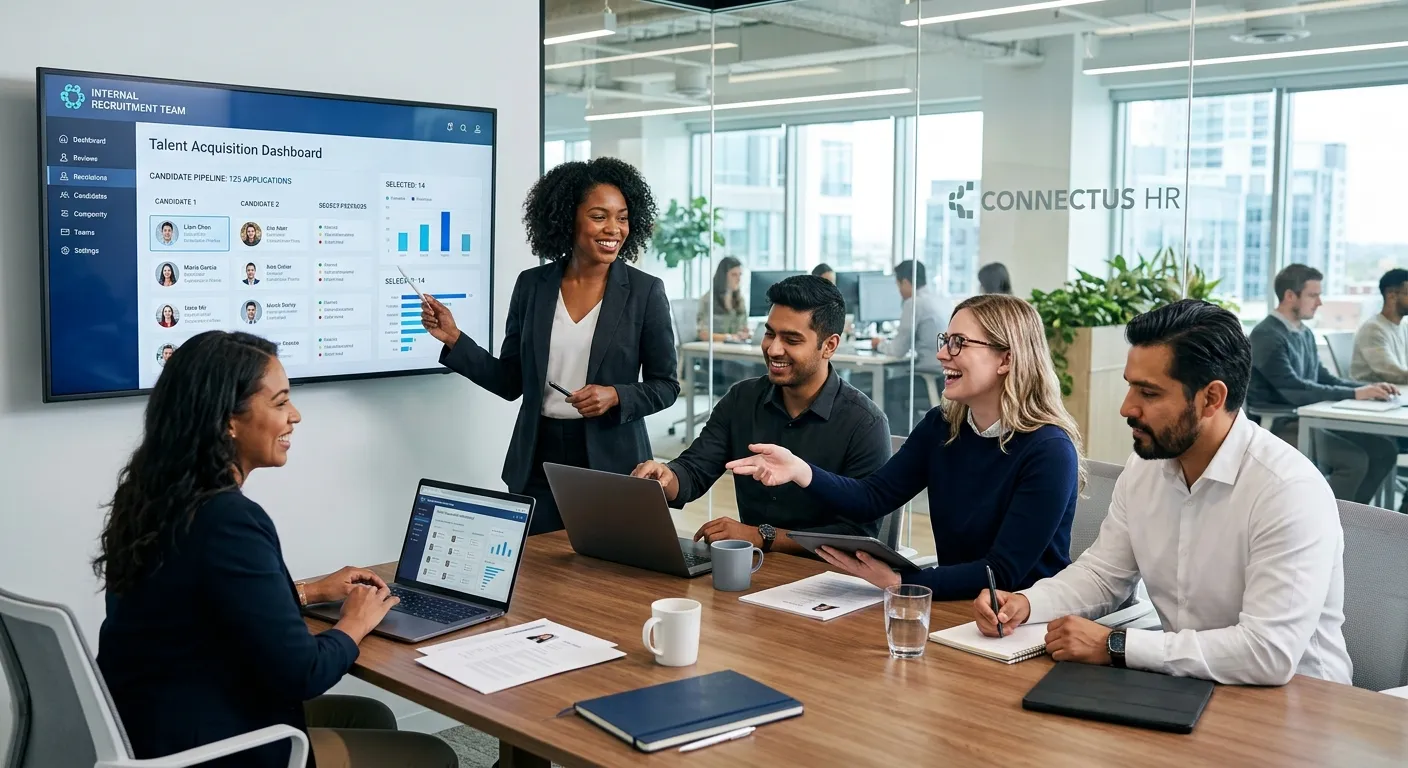 A dynamic, professional photo of a diverse internal recruitment team collaborating in a modern, glass-walled office. They are reviewing candidate profiles on large screens, smiling and engaged. Style: Corporate, vibrant, and focused. Mood: Collaborative, efficient, and strategic.