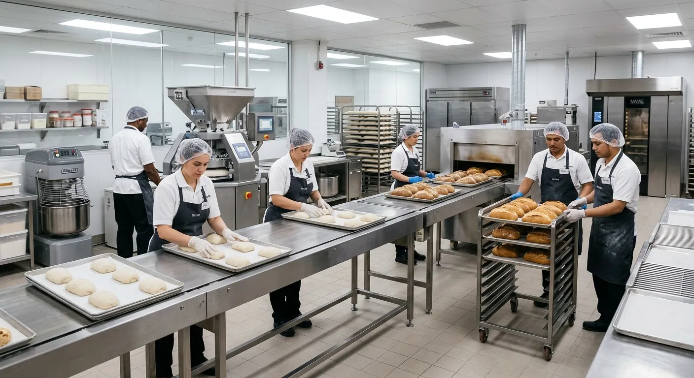 A modern, high-end bakery production line with skilled staff in crisp uniforms working seamlessly together, showcasing precision and hygiene. Bright, clean lighting, a mix of artisan and automated processes.
