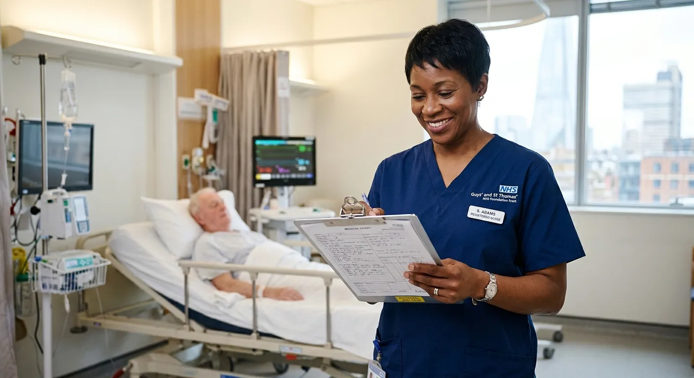 A professional and compassionate Registered Nurse in modern clinical scrubs, smiling confidently whi... A professional and compassionate Registered Nurse in modern clinical scrubs, smiling confidently while checking a patient's chart in a bright, well-equipped hospital room in London. Style: Authentic, high-quality healthcare professional photography.