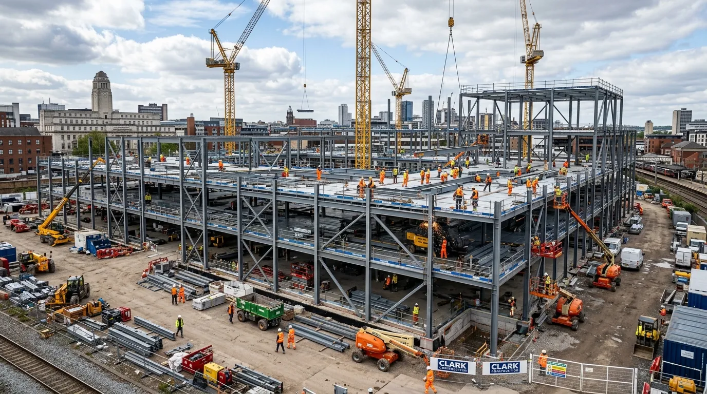 A wide-angle photograph of a large, modern industrial construction site in Leeds, with steelwork ere... A wide-angle photograph of a large, modern industrial construction site in Leeds, with steelwork erected and contractors at work, highlighting the scale of the project.