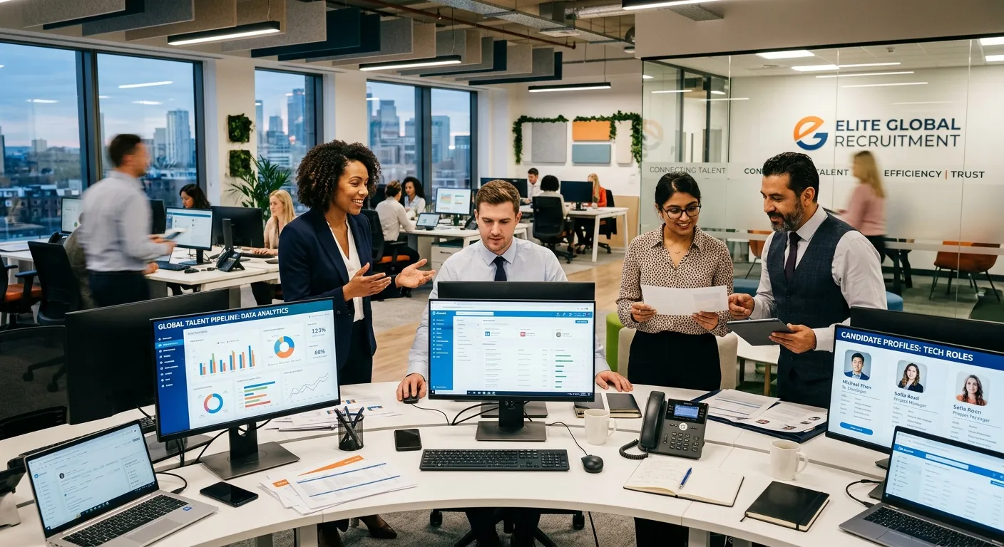 A professional, high-energy office scene in a modern commercial employment agency. Diverse team of r... A professional, high-energy office scene in a modern commercial employment agency. Diverse team of recruiters in business attire collaborating in front of multiple screens showing data analytics and candidate profiles. Style: Corporate, vibrant, and focused. Mood: Dynamic, efficient, and trustworthy.