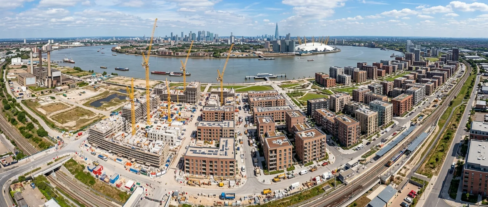A panoramic aerial photo of the Barking Riverside regeneration site, showing cranes, new housing blo... A panoramic aerial photo of the Barking Riverside regeneration site, showing cranes, new housing blocks under construction, and the Thames in the background.