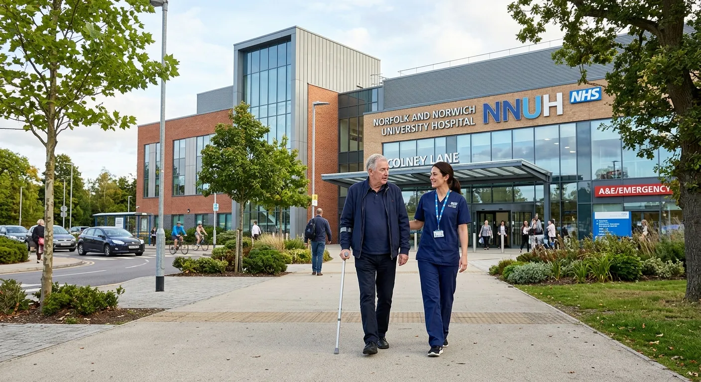 Modern exterior shot of the Norfolk and Norwich University Hospital, with a physiotherapist and patient walking together in the foreground.