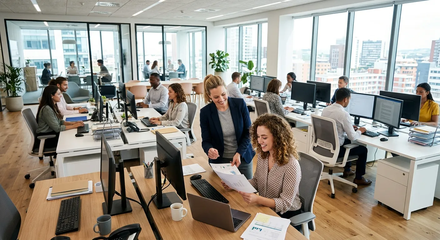 High-angle professional shot of a bright, modern office with multiple administrative assistants working efficiently at sleek desks. A manager smiles, looking over a document with a temp worker. Mood: Productive, collaborative, and energetic.