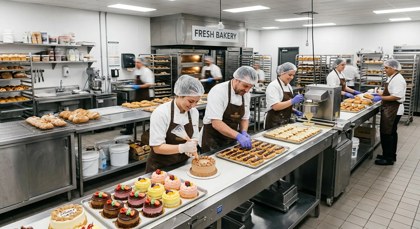 A high-energy, professional photo of a modern bakery production line with skilled bakers and decorators at work, showcasing teamwork and precision in a bright, hygienic kitchen. Mood: Dynamic, professional, and efficient.