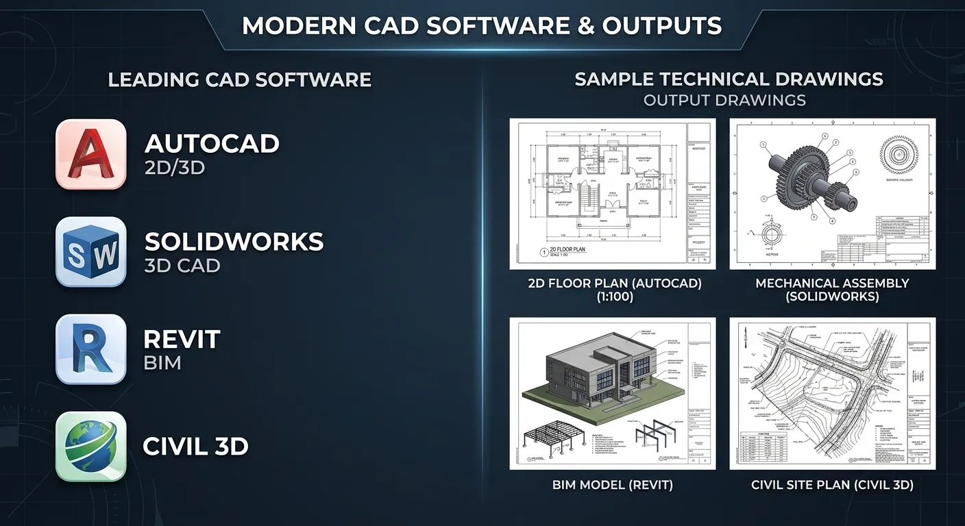 A split-screen graphic showing icons of various CAD software like AutoCAD, SolidWorks, Revit, and Ci... A split-screen graphic showing icons of various CAD software like AutoCAD, SolidWorks, Revit, and Civil 3D on one side, and examples of technical drawings produced by each on the other.