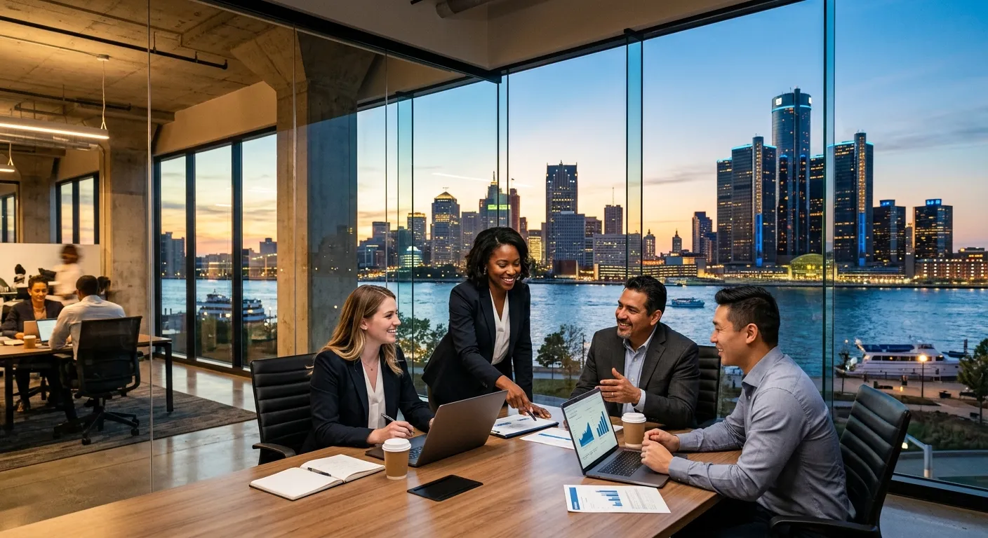 A professional, high-energy photo of the Detroit skyline with a diverse group of professionals in business attire collaborating in a modern office foreground, symbolizing dynamic workforce solutions.