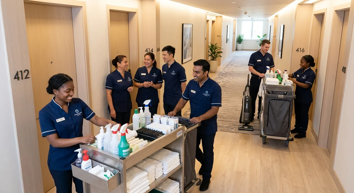 A professional, high-angle shot of a diverse team of housekeeping staff in crisp uniforms, smiling and collaborating in a modern, spotless hotel corridor. Style: Bright, clean, and professional. Mood: Efficient, reliable, and welcoming.