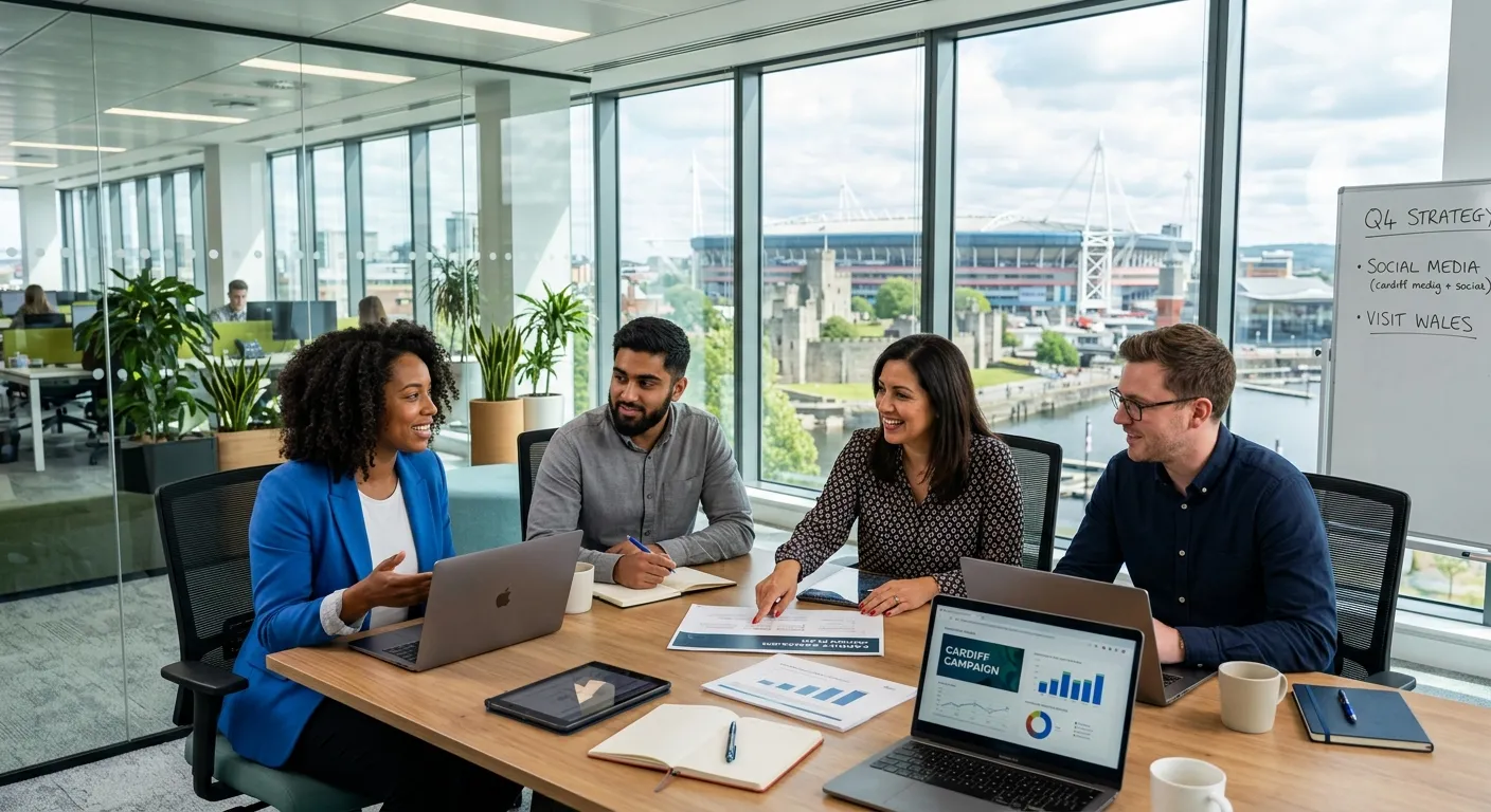 A professional, diverse team of marketing professionals collaborating in a bright, modern Cardiff office, with a view of the city skyline. Style: Corporate, aspirational, vibrant.