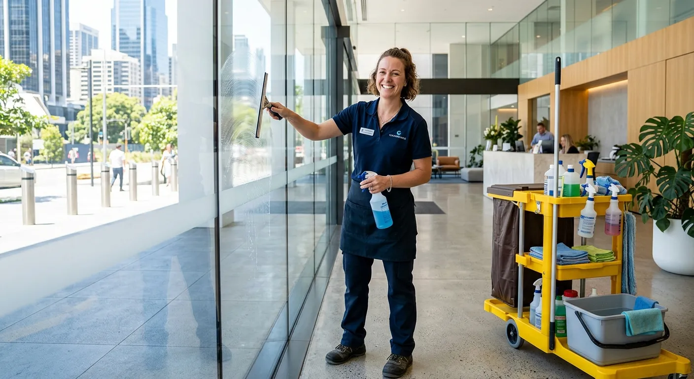 A friendly cleaner smiling while polishing a large window in a bright, modern office lobby, with cleaning cart visible