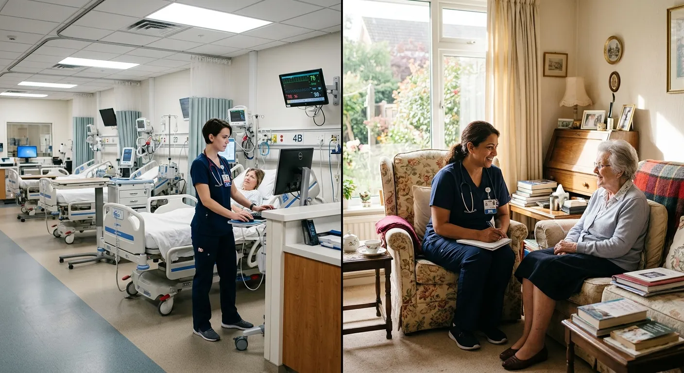 A split-image showing a Registered Nurse in a modern hospital ward on one side, and a community nurse speaking with an elderly patient in a sunlit living room on the other, highlighting the contrast in settings.