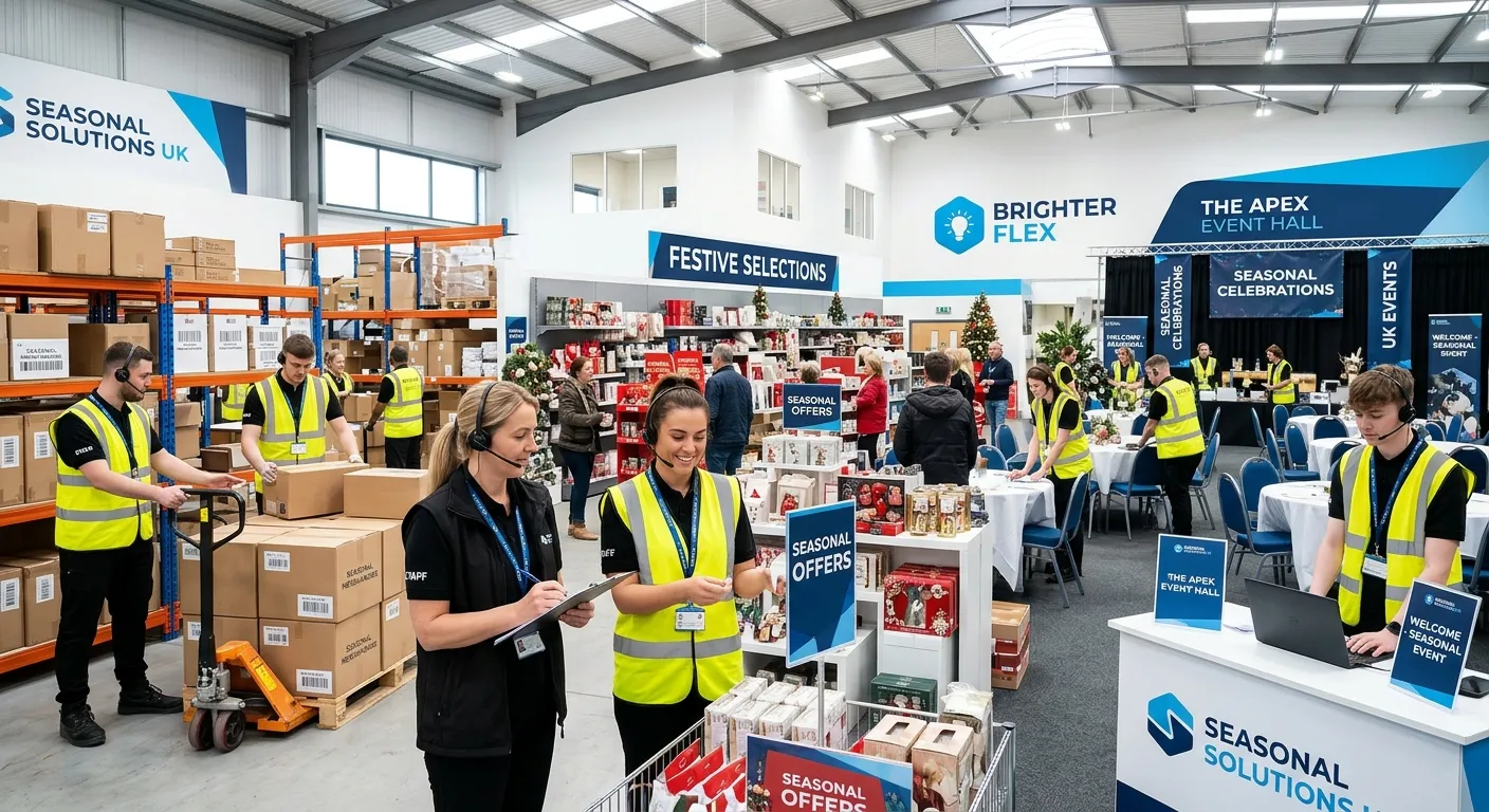A professional UK seasonal staffing scene showing a bright warehouse, retail store and event venue working together, with agency staff wearing safety vests, headsets and lanyards, modern corporate photography, crisp white and blue tones, confident mood