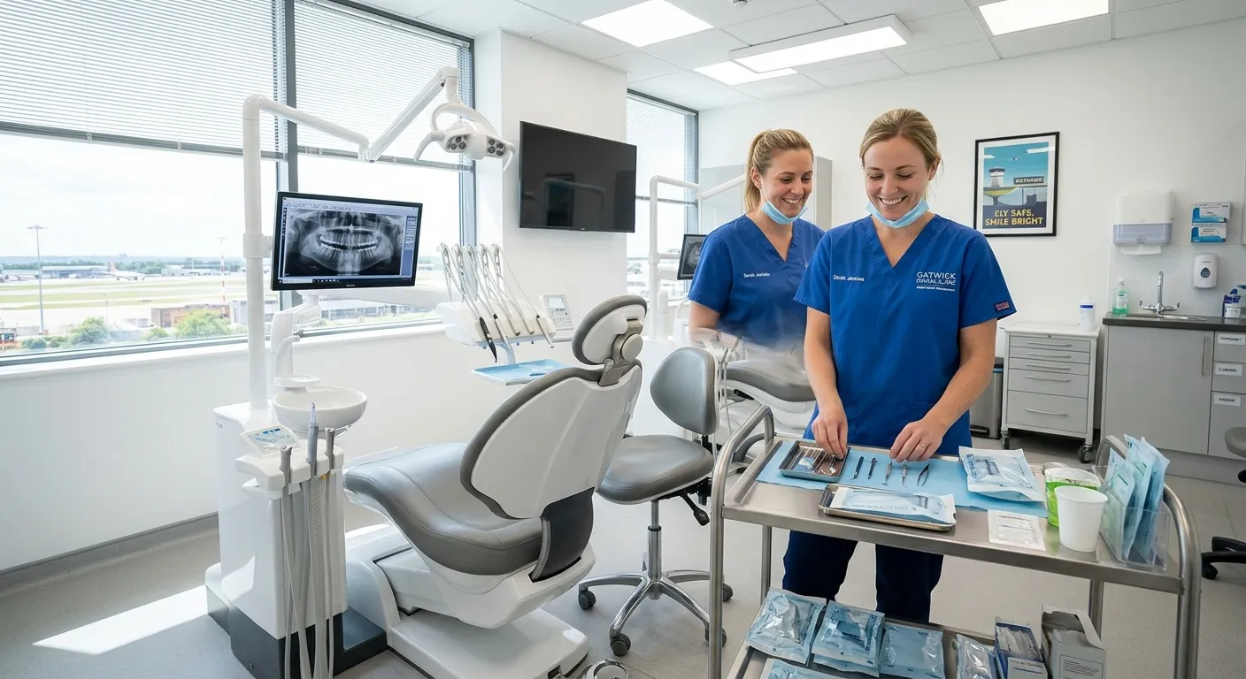 A dental nurse in blue scrubs preparing a modern dental surgery in a bright Gatwick clinic, with sterilised instruments, patient chair, monitor and friendly atmosphere