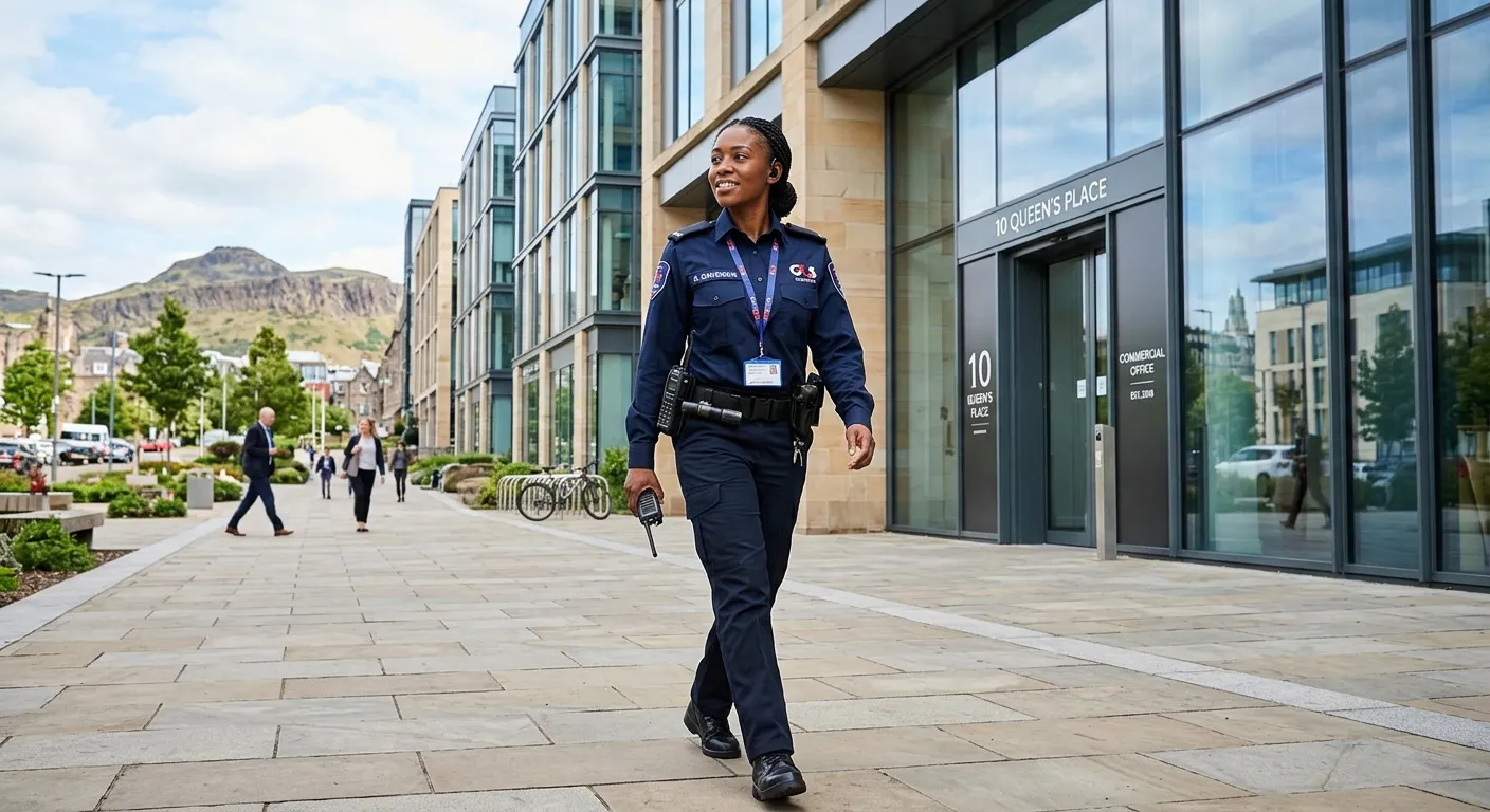 A professional, confident Security Officer in uniform performing a patrol outside a modern commercial building in Edinburgh, daytime, conveying trust and vigilance.