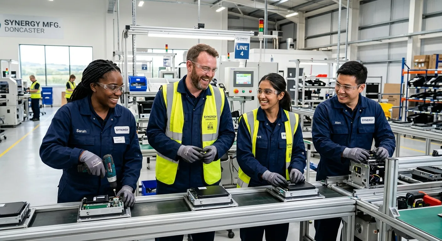 A professional, high-energy photograph of a diverse team of Production Line Workers in modern factor... A professional, high-energy photograph of a diverse team of Production Line Workers in modern factory PPE, smiling and collaborating on an assembly line in a bright, clean industrial facility in Doncaster. Style: Authentic, inspiring, workplace-focused.