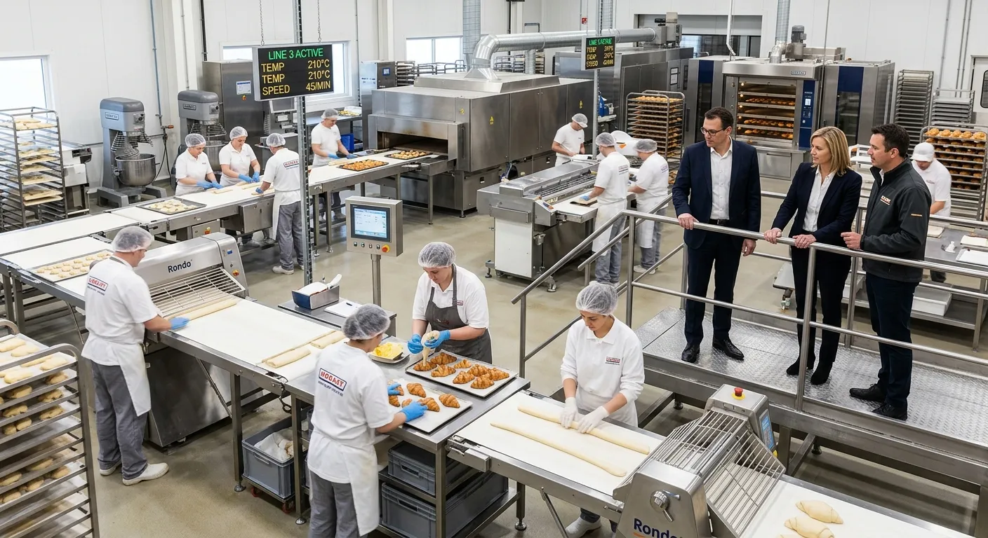 A professional, high-energy image of a modern bakery production line with skilled bakers and pastry chefs working efficiently. The mood is vibrant, precise, and technological, showcasing a blend of traditional craft with modern equipment. Corporate executives in business attire are observing in the background, symbolizing strategic partnership.
