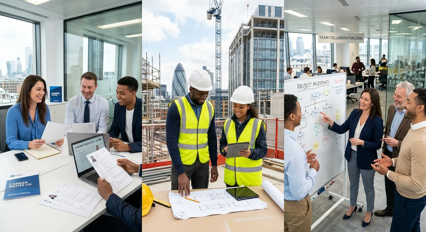 Modern UK workplace hero image showing recruiters reviewing candidate shortlists, construction workers on site, and office teams collaborating, executive blue and crisp white tones, confident professional mood