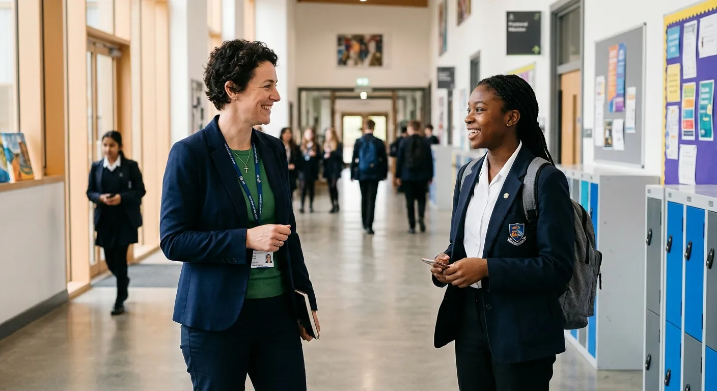 A professional, confident pastoral mentor in a modern school setting, smiling while talking with a s... A professional, confident pastoral mentor in a modern school setting, smiling while talking with a student in a calm, well-lit corridor. Style: Authentic, warm, and professional stock photo.