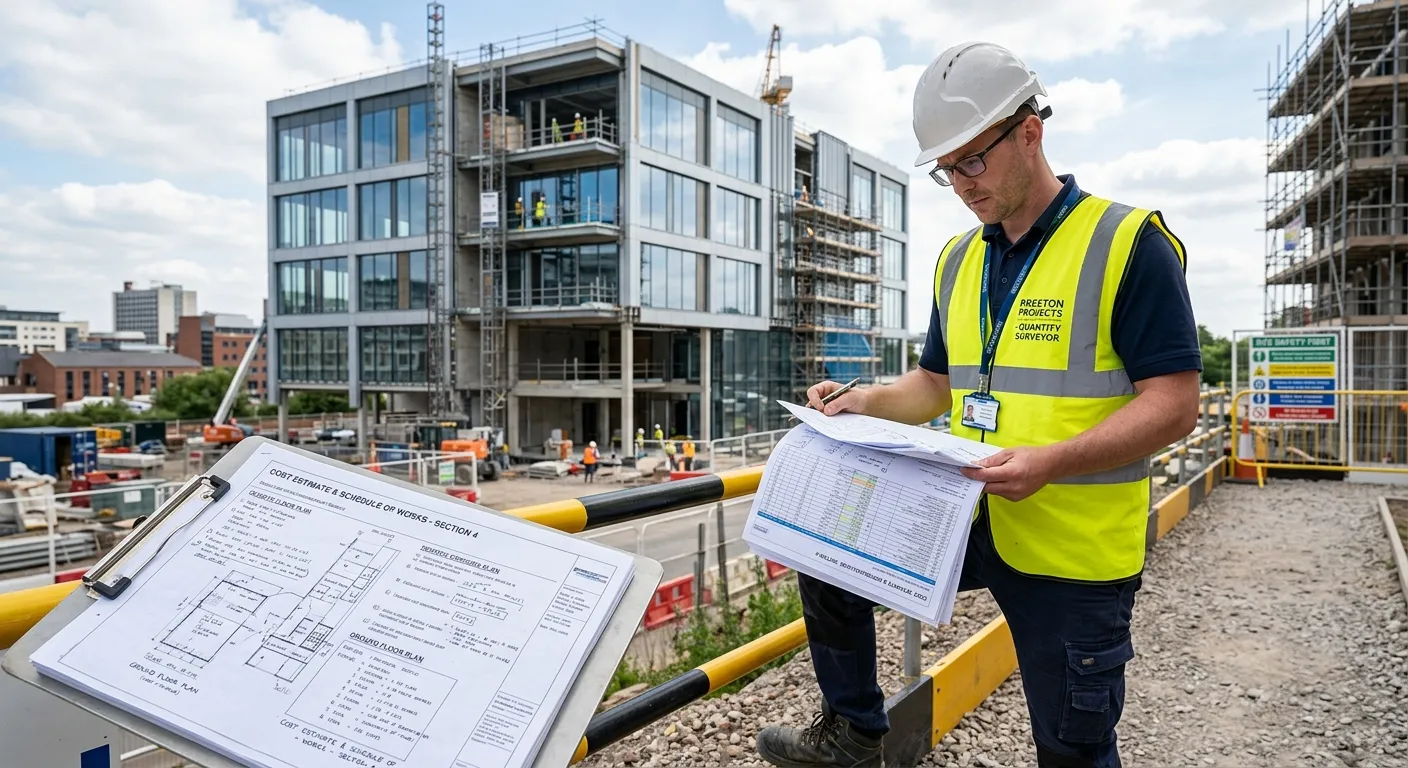 A professional Quantity Surveyor reviewing construction plans and cost estimates on-site in Preston,... A professional Quantity Surveyor reviewing construction plans and cost estimates on-site in Preston, wearing a high-vis vest, with a modern commercial building in the background. Style: Realistic, professional, and trustworthy.