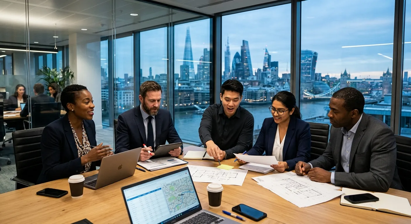 A professional, high-contrast image of a diverse team of professionals collaborating in a modern Lon... A professional, high-contrast image of a diverse team of professionals collaborating in a modern London office skyline in the background. Style: Corporate, confident, dynamic. Mood: Efficient and strategic.