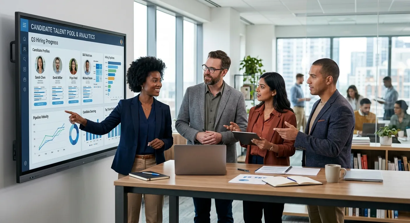 A diverse group of professional recruiters and HR managers collaborating in a modern, bright office, looking at a digital screen displaying candidate profiles and analytics. Professional, confident, and solution-focused mood.