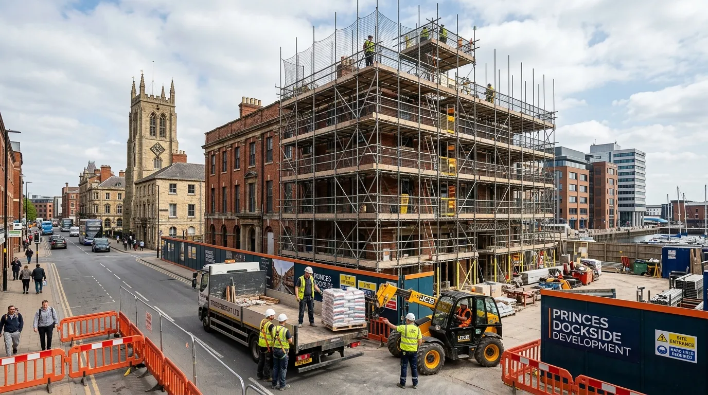 A wide-angle photograph of a bustling Hull city centre construction site, showing a large independent scaffold against a backdrop of historic and modern buildings, with workers coordinating a delivery.