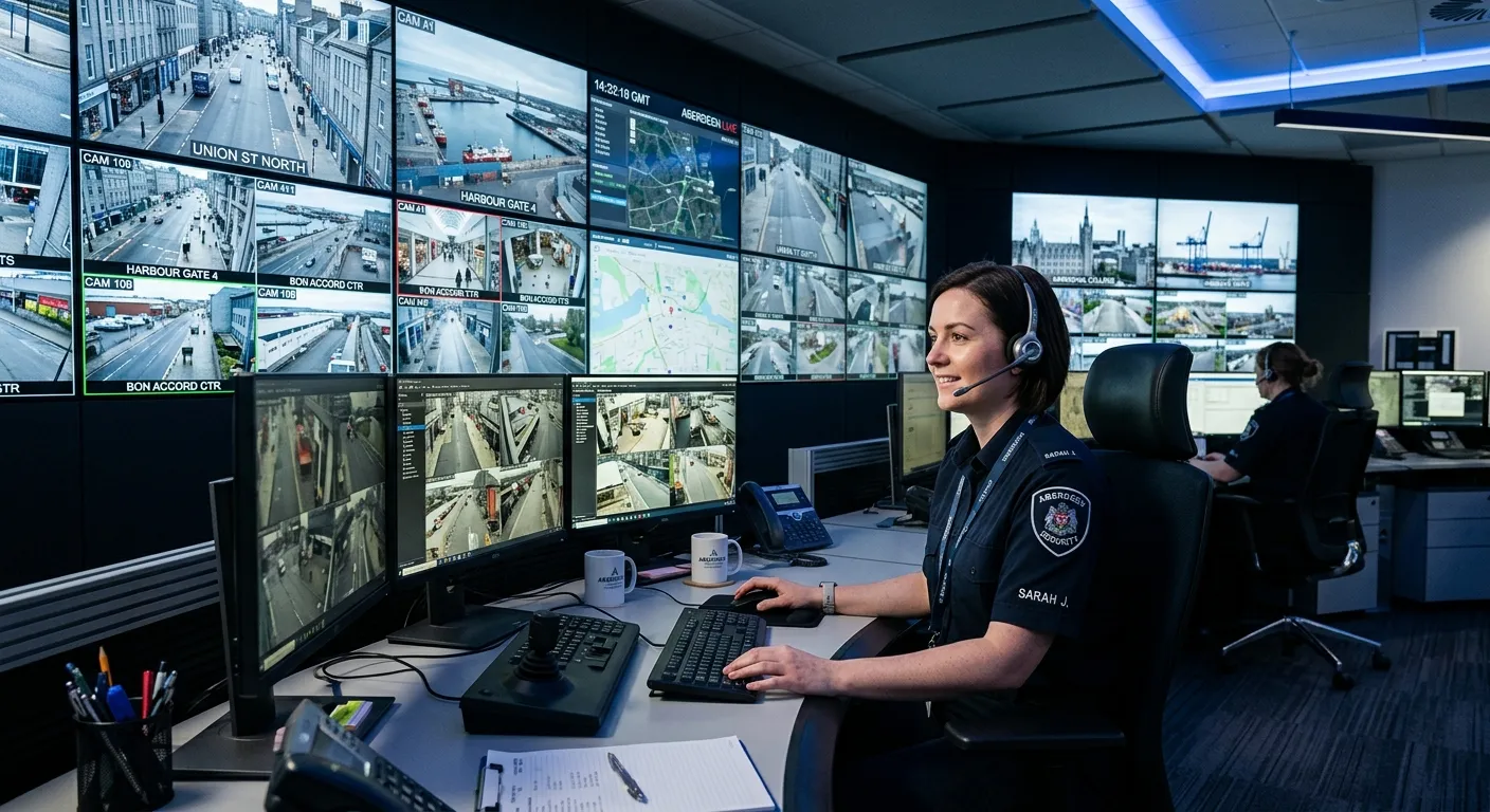 Professional, confident CCTV operator in a modern control room environment in Aberdeen, monitoring a... Professional, confident CCTV operator in a modern control room environment in Aberdeen, monitoring a wall of high-definition security screens. The atmosphere is focused and high-tech, showcasing the professional nature of the role.