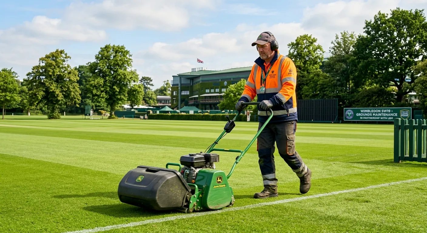 Professional, high-resolution image of a dedicated Grounds Maintenance Operative in Wimbledon SW19, wearing hi-vis gear and using a lawnmower on a sunny day on a well-kept sports pitch or parkland, conveying professionalism and a sense of local pride.