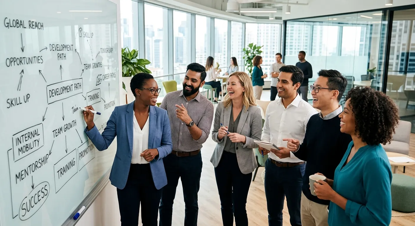 A modern, diverse team of professionals in a corporate office collaborating around a whiteboard, smi... A modern, diverse team of professionals in a corporate office collaborating around a whiteboard, smiling and engaged. Style: Professional corporate stock photo, bright and aspirational, with a focus on teamwork and internal career growth.
