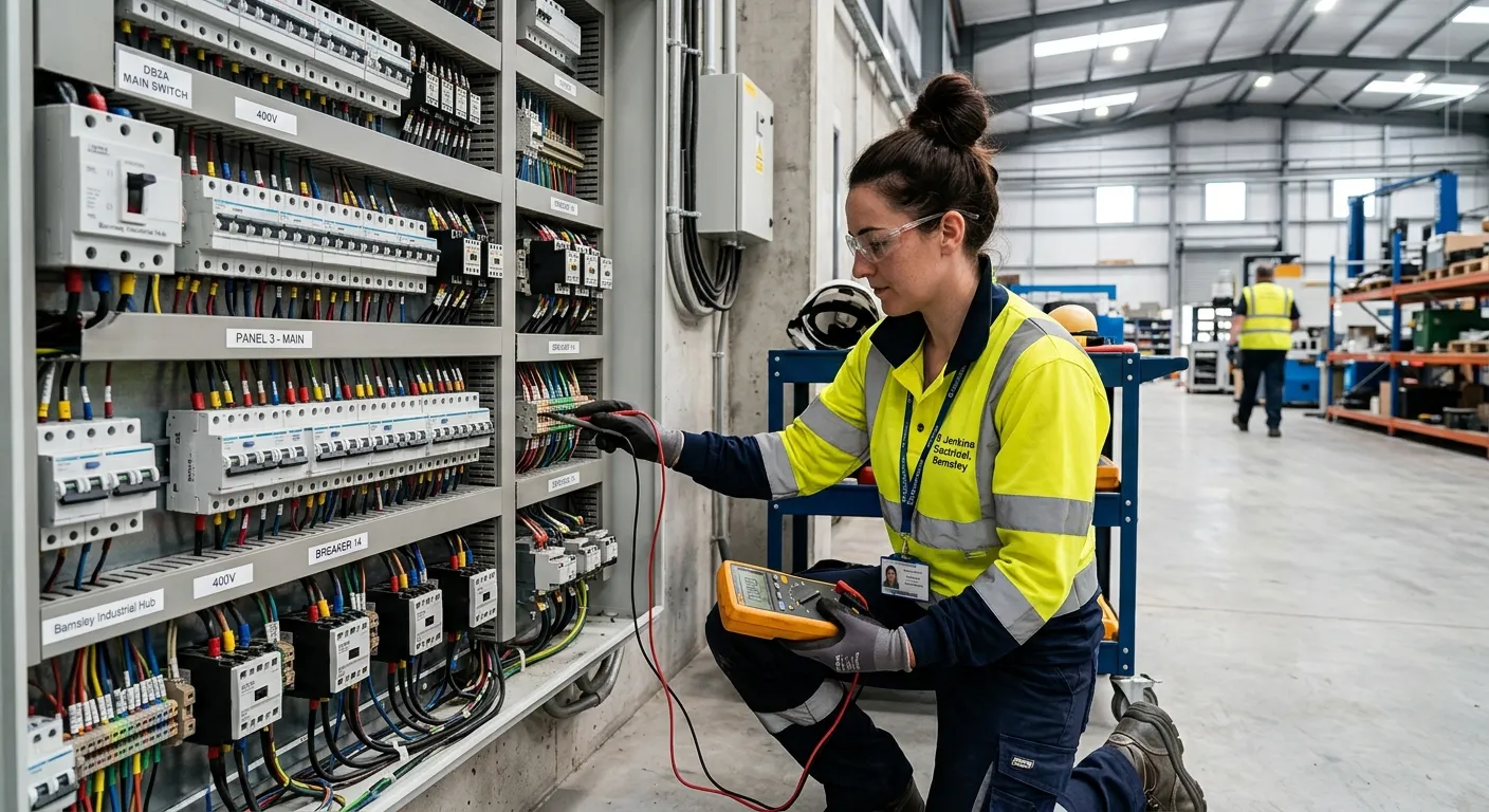 Professional photo of a confident electrician in high-visibility workwear, safely testing a complex... Professional photo of a confident electrician in high-visibility workwear, safely testing a complex commercial electrical panel in a modern industrial setting in Barnsley. Style: Authentic, high-quality, well-lit, conveying skill and safety.