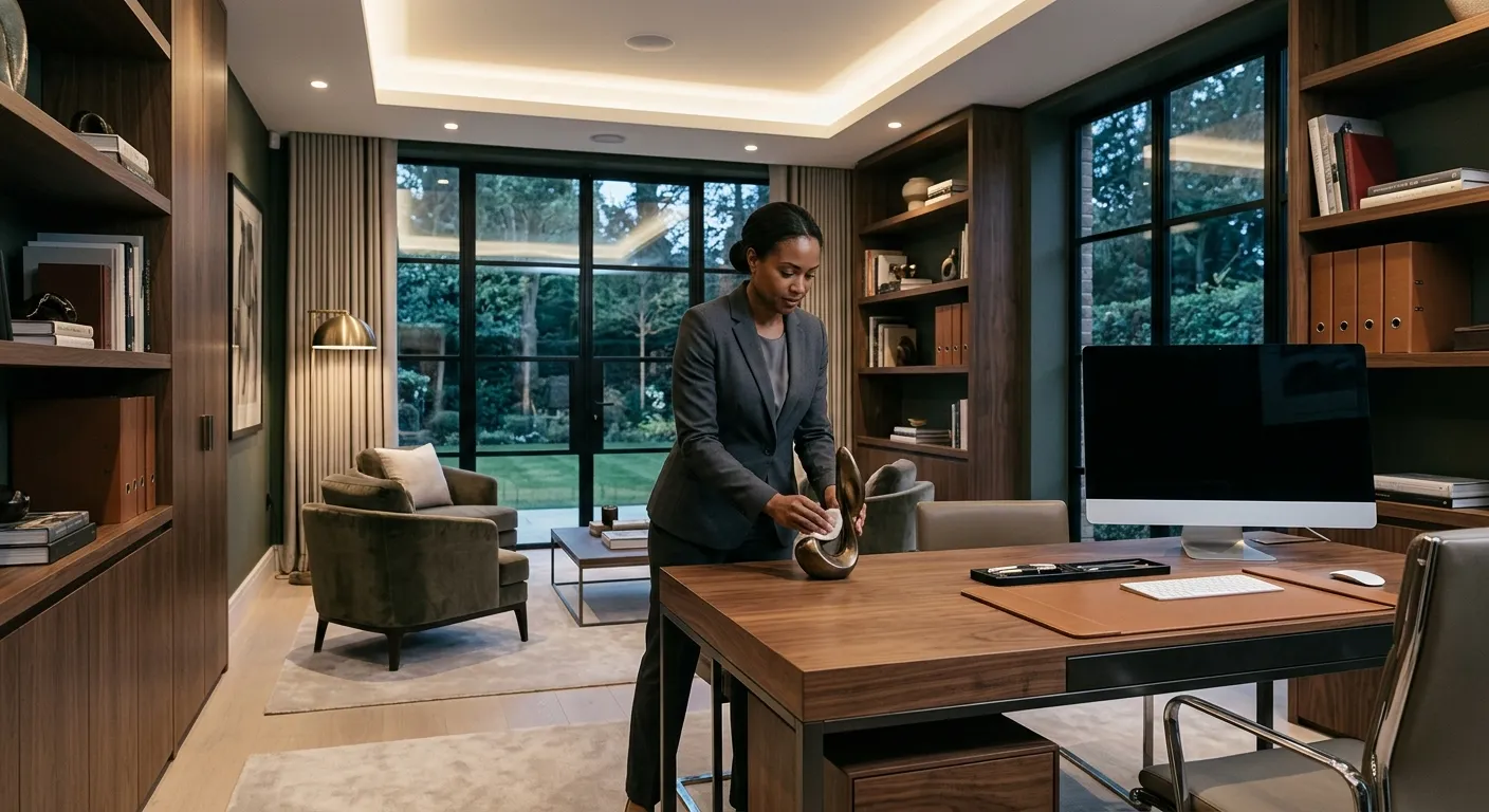 A professional, high-end interior setting, such as a luxury home office or a well-appointed kitchen, with a discreet, well-dressed household staff member performing their duties. Style: Modern, clean, aspirational, and professional.