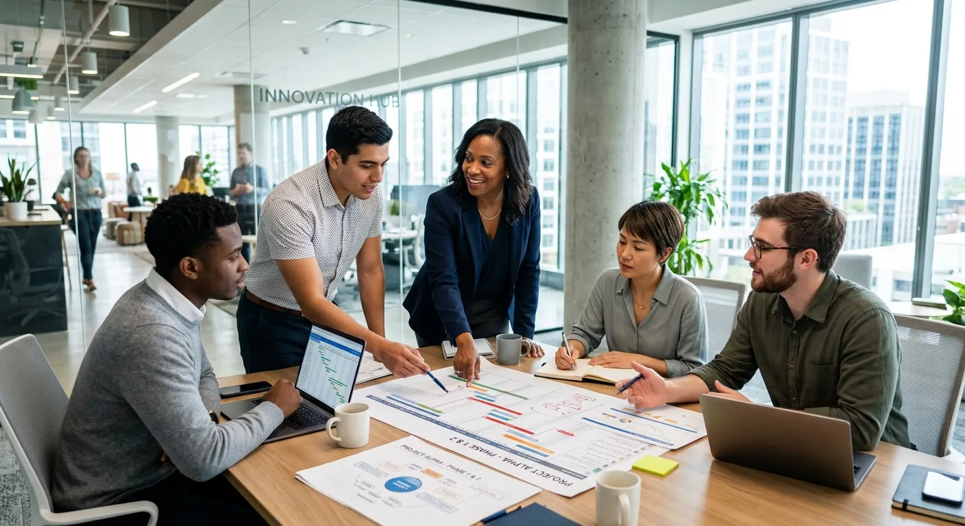 A professional, modern office environment with a diverse group of temporary workers and a hiring manager reviewing a project plan together. Style: Bright, crisp, and dynamic. Mood: Collaborative, efficient, and solution-oriented.