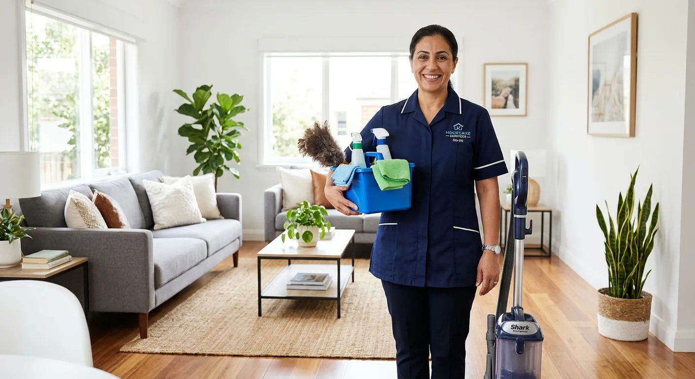 Professional hero image of a smiling, trustworthy housekeeper in a crisp uniform, holding cleaning s... Professional hero image of a smiling, trustworthy housekeeper in a crisp uniform, holding cleaning supplies, standing in a spotless, sunlit living room. Style: Bright, welcoming, high-quality stock photo. Mood: Professional, reliable, and hygienic.