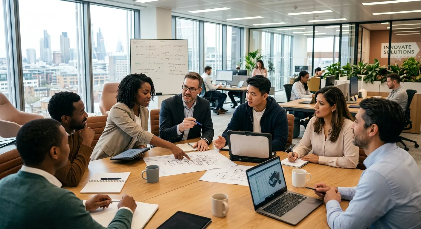 A diverse team of professional engineers and administrative staff collaborating in a modern, bright office environment. Style: Corporate, high-quality, professional. Mood: Collaborative, efficient, and forward-thinking.