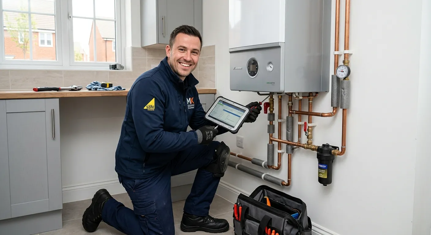 A professional, confident Gas Heating Engineer in workwear, holding a tablet and smiling, working on a modern boiler installation in a clean Milton Keynes home. Style is bright, professional, and trustworthy.