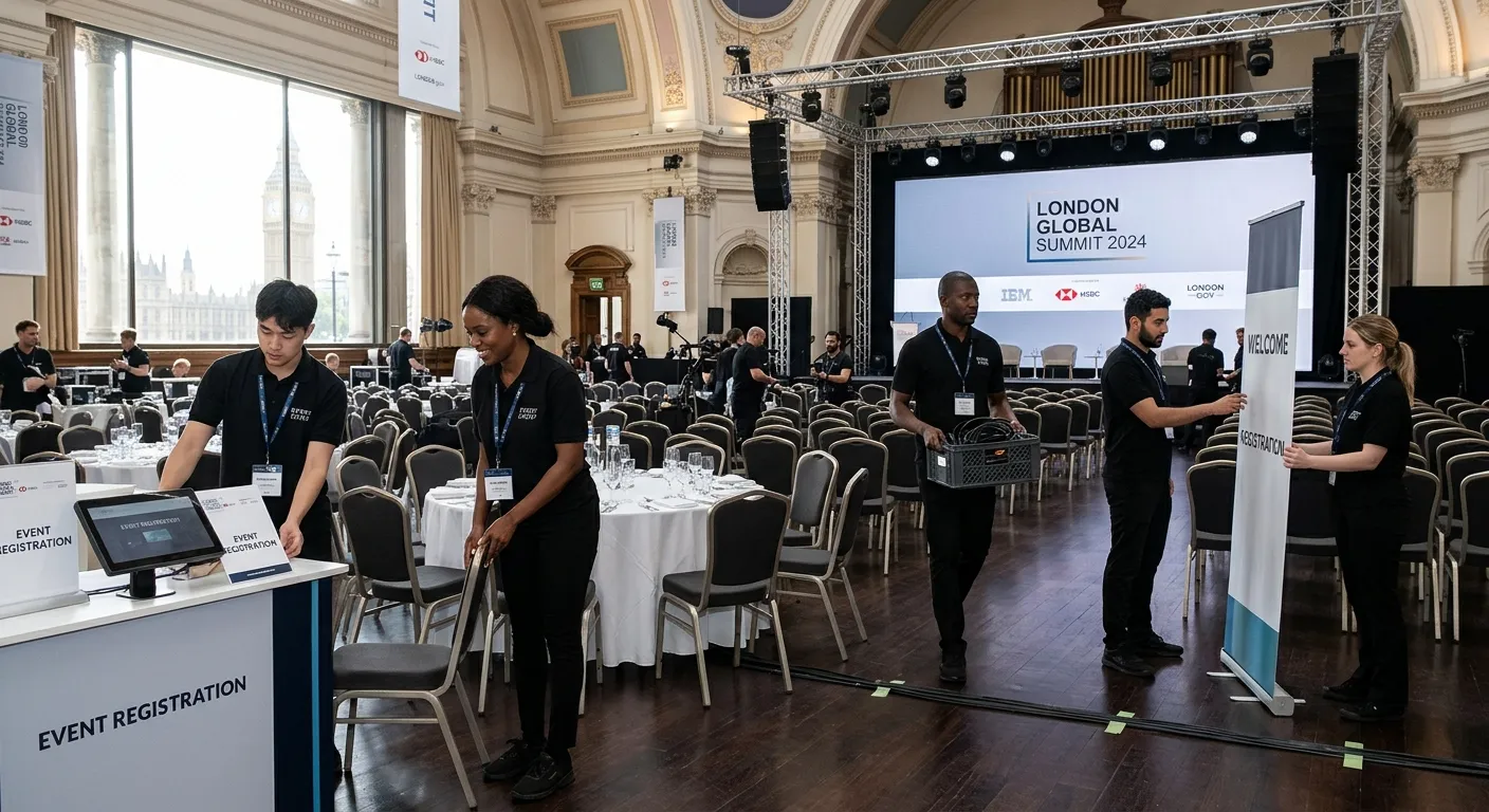 A professional, diverse team of temporary event staff in black uniforms setting up for a high-end London conference