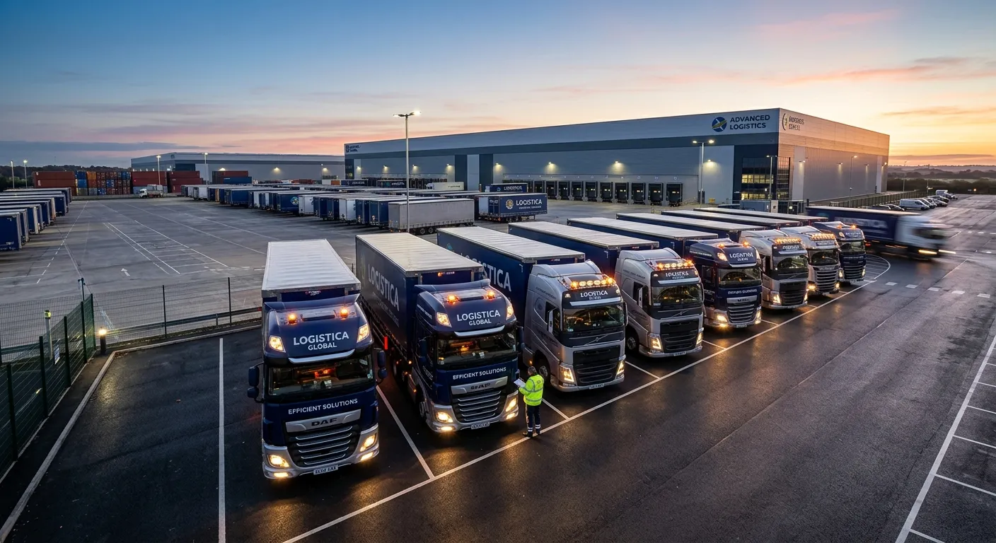 A professional, wide-angle shot of a modern logistics yard at dawn. A line of HGVs with their cab lights on, ready for the day. Focus on professionalism and scale. Style: Corporate, crisp, aspirational. Mood: Efficient, reliable, and expansive.