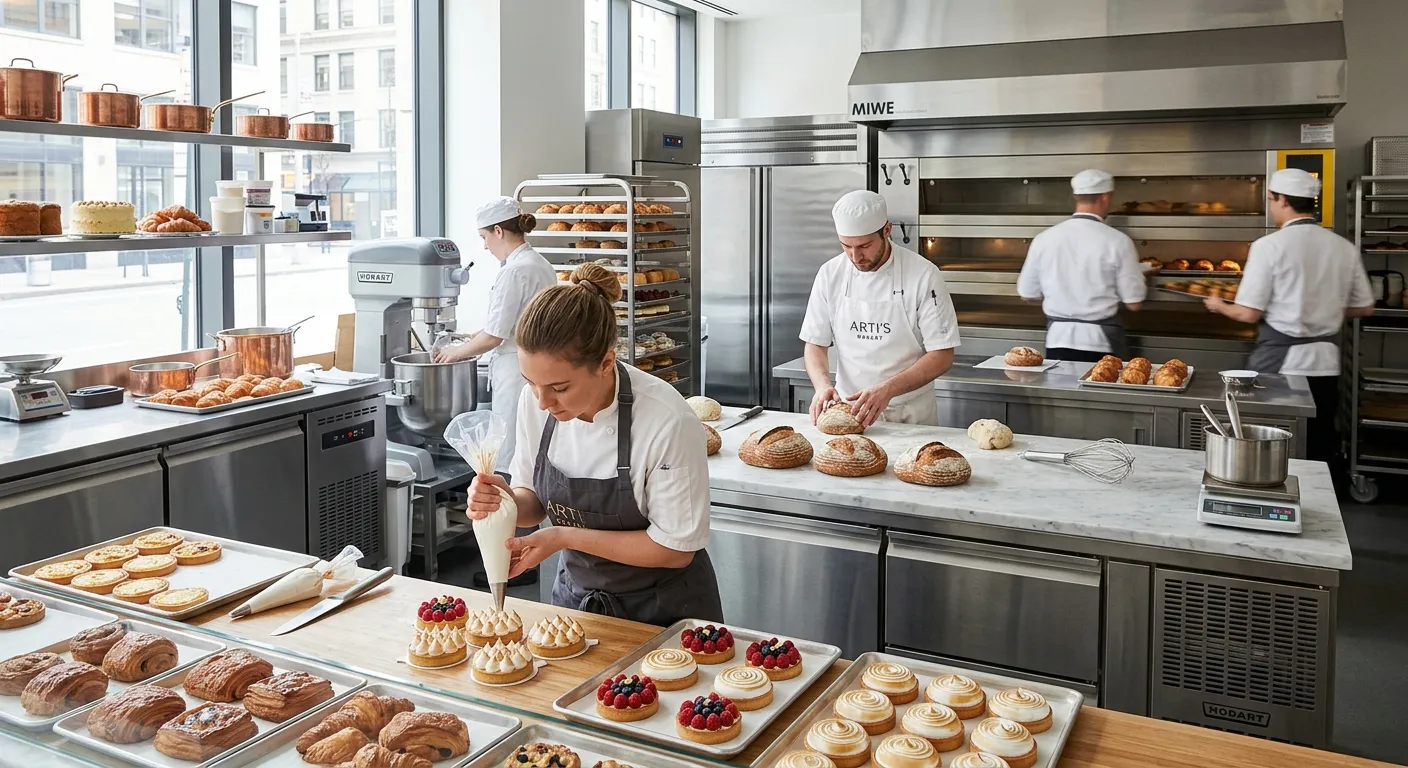A modern, high-end bakery kitchen with skilled pastry chefs and bakers at work, using professional equipment. The style is bright, clean, and aspirational, conveying precision and quality.