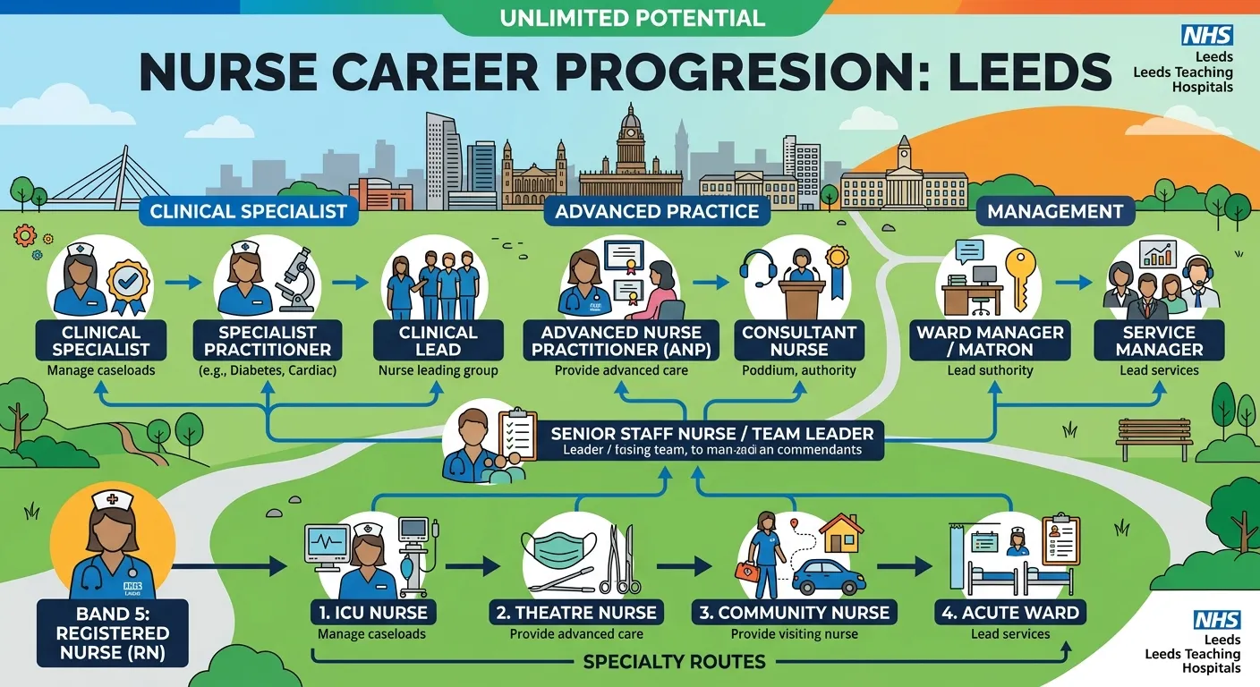 An infographic showing career progression for a nurse in Leeds, starting with Band 5 RN, branching i... An infographic showing career progression for a nurse in Leeds, starting with Band 5 RN, branching into specialties like ICU, Theatre, Community, and advancing to Specialist Practitioner, Advanced Practitioner, and Management roles. Icons for each step, set against a subtle Leeds skyline.