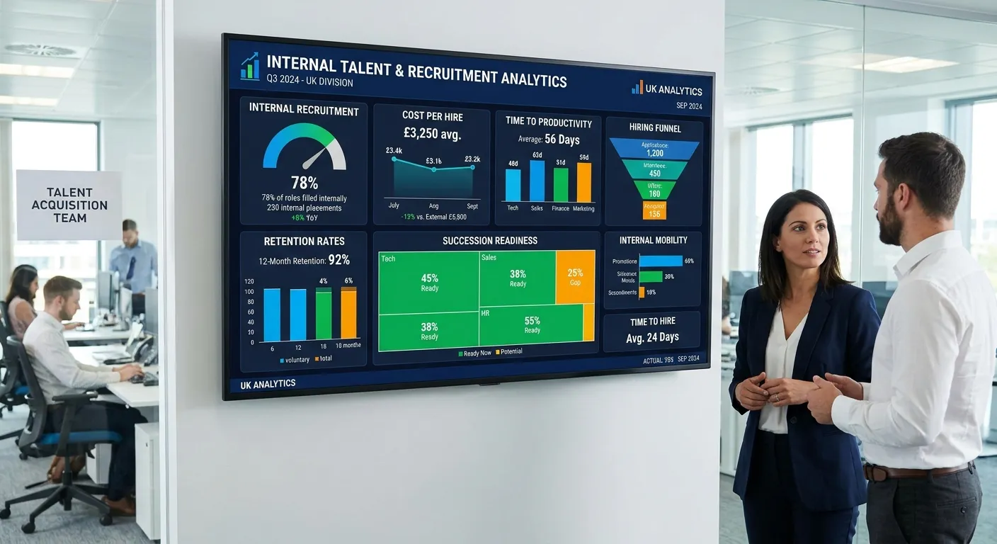 A modern UK office analytics dashboard showing internal recruitment KPIs, cost per hire, time to pro... A modern UK office analytics dashboard showing internal recruitment KPIs, cost per hire, time to productivity, retention rates, and succession readiness charts