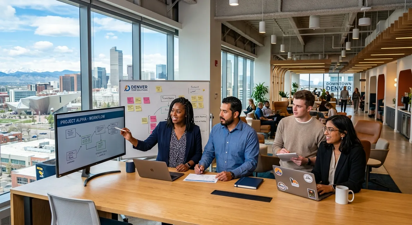 Modern, vibrant office setting in downtown Denver with diverse temporary professionals collaborating in a sleek workspace, showcasing dynamic teamwork and a professional atmosphere