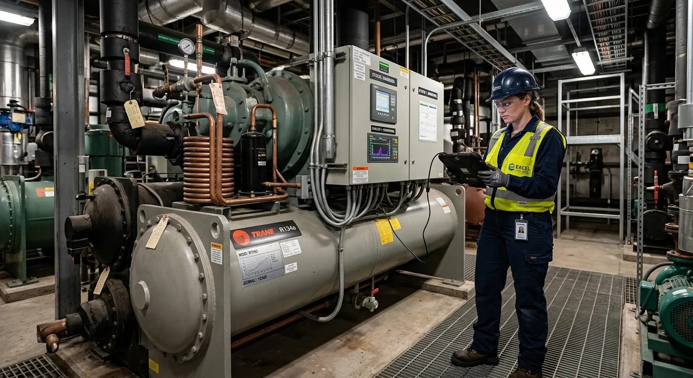 A professional HVAC engineer in PPE, using a tablet to diagnose a large commercial chiller unit in a... A professional HVAC engineer in PPE, using a tablet to diagnose a large commercial chiller unit in an industrial plant room