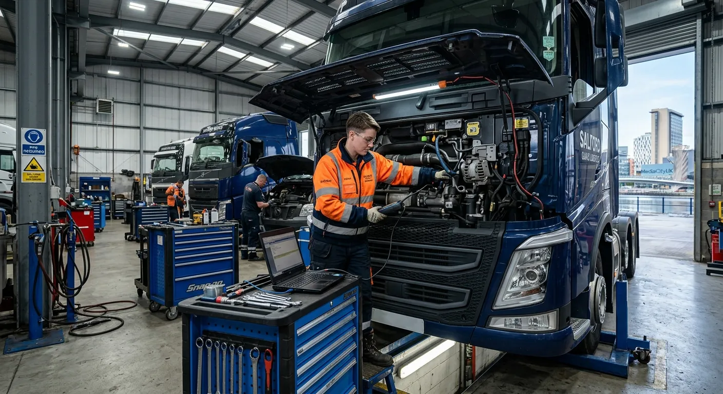 A professional, high-resolution photo of an LGV/HGV Technician in a modern workshop in Salford Quays... A professional, high-resolution photo of an LGV/HGV Technician in a modern workshop in Salford Quays, wearing high-visibility gear and working on a large vehicle. The image should convey professionalism, skill, and a modern industrial setting.