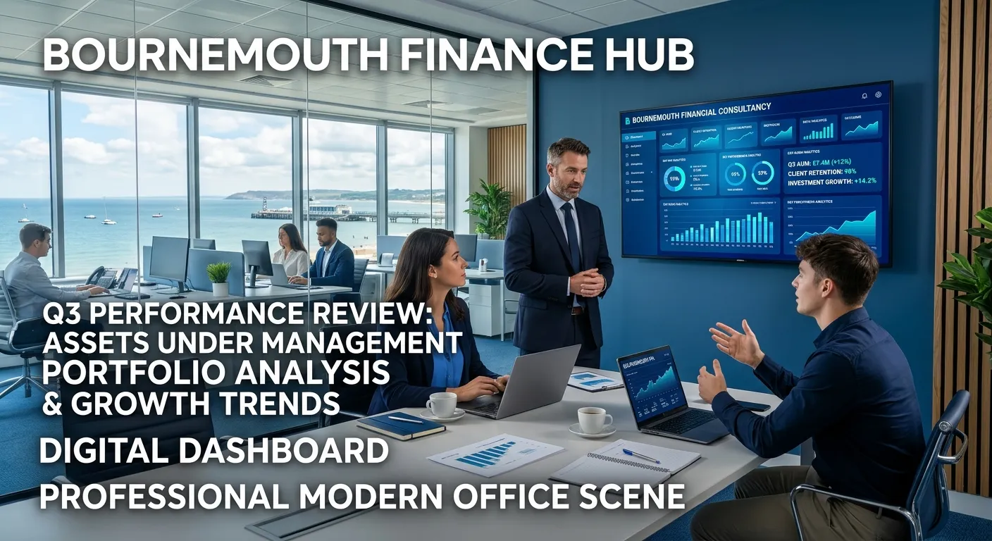 A professional modern office scene in Bournemouth showing finance consultants reviewing digital dashboards, blue corporate theme, bright daylight, clean executive style, high contrast, white text overlays