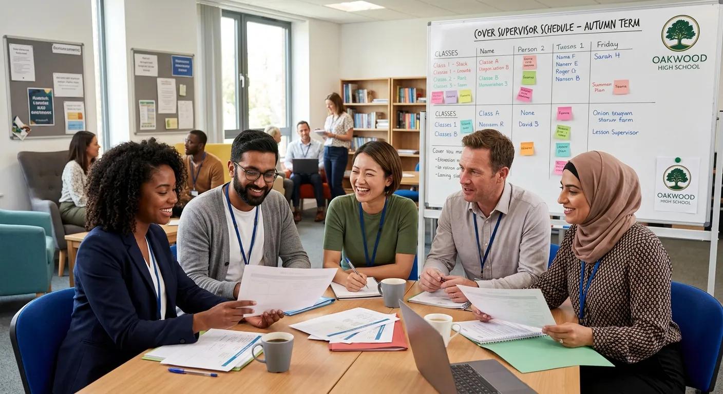 A diverse group of confident Cover Supervisors in a modern school staffroom, reviewing lesson plans... A diverse group of confident Cover Supervisors in a modern school staffroom, reviewing lesson plans and smiling, with a whiteboard and school logo visible in the background