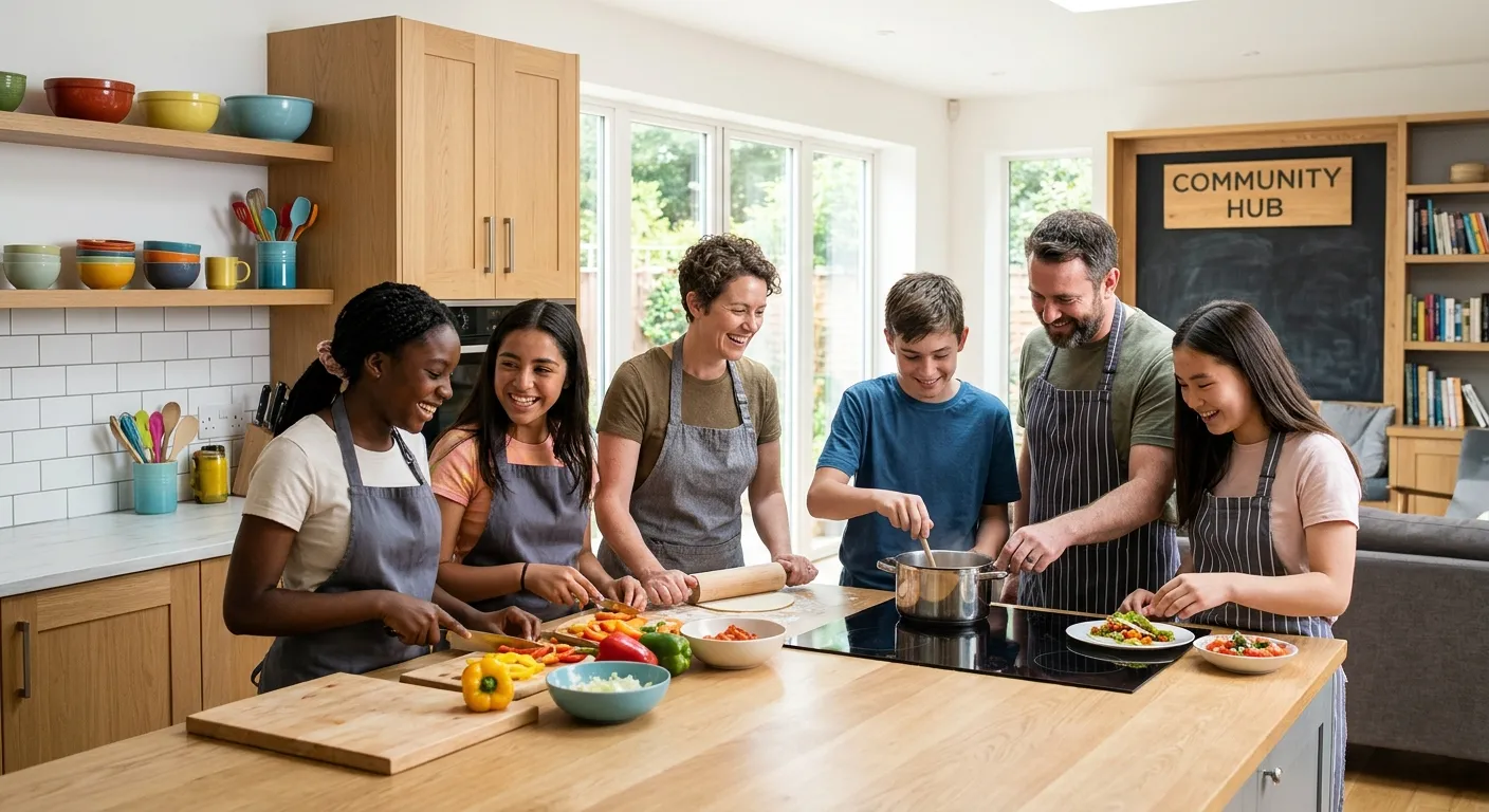 A professional, uplifting photo of a diverse group of friendly support workers and teenagers engaged... A professional, uplifting photo of a diverse group of friendly support workers and teenagers engaged in a positive activity, like cooking or arts and crafts, in a bright, modern residential home common area. Style: Warm, authentic, and aspirational.