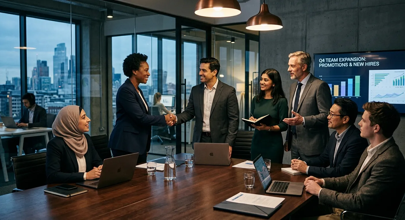A professional, high-contrast photo of a diverse group of business professionals collaborating in a modern office. One person is being welcomed to a team by a manager, symbolizing internal promotion, while another new person is being introduced from outside, representing external hiring. Moody, executive lighting.