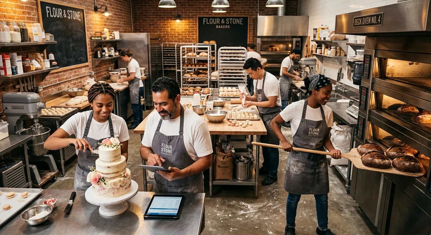 A modern, bustling artisan bakery kitchen. A diverse team of skilled bakers and pastry chefs work in harmony, decorating cakes, pulling fresh bread from deck ovens, and using digital tablets to check orders. Professional, high-energy mood with warm lighting.