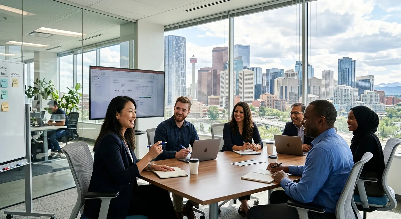 A dynamic, professional photo of the Calgary skyline with a modern office building foreground, featuring a diverse team of professionals collaborating in a bright, sunlit meeting room. Style: Corporate, inspiring, high-contrast.