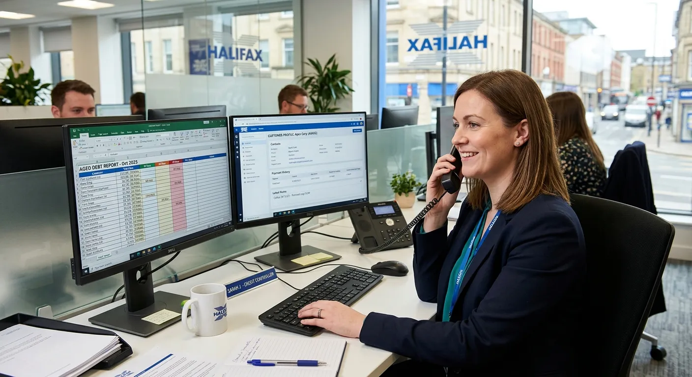 A professional, friendly-looking Credit Controller in a modern Halifax office, speaking on the phone while looking at dual computer monitors showing an aged debt report and a customer account screen.